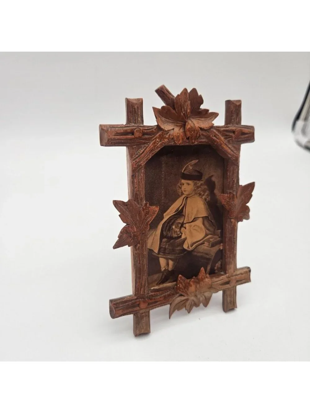 Antique Black Forest Adirondack Style Carved Wood Leaf Cross Corner Frame